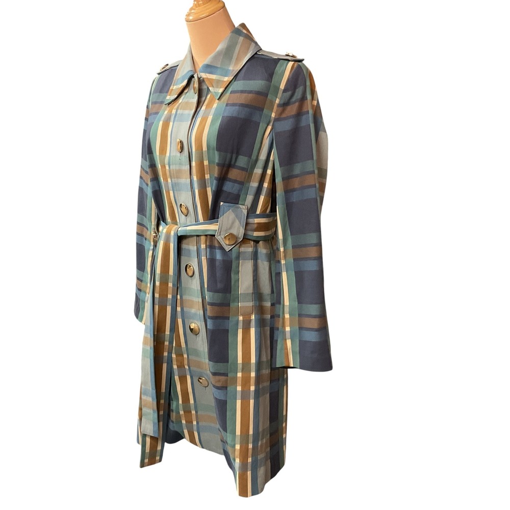 CAbi Women's Multi Plaid Printed Highclere Trench Gold Button Front Size Medium - Picture 3 of 11